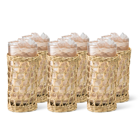 Urban Bar Gili Woven Seagrass Wrapped Long Drink Glasses - Set of 6 - 14.2 oz