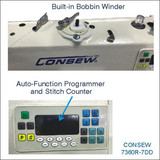 Consew 7360RB-7DD-DSM Single Needle Fully Automatic Programmable Stitching Large Bobbin Direct Drive Lockstitch Industrial Sewing Machine with Complete Tabling