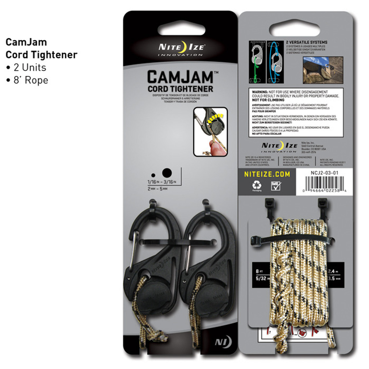 Nite Ize CamJam Cord Tightener Carabiner With Rope (2 Pack) 