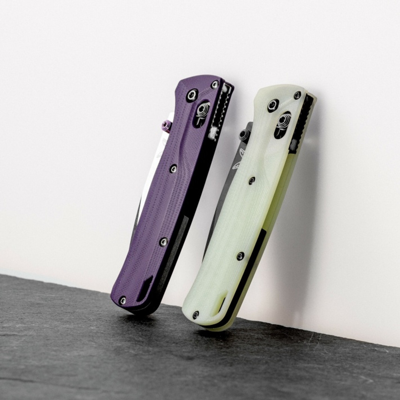 Flytanium Jade G-10 Crossfade Scales for Benchmade Mini-Bugout - Dye them any color you like. Shown with a pair that has been dyed purple (not included)
