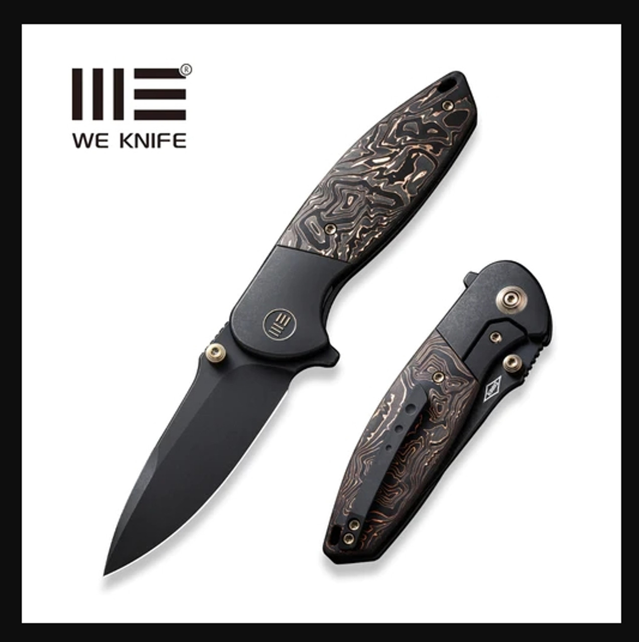 WEKNIFE Nitro Mini Flipper & Thumb Stud Knife Black Titanium Handle With Copper Foil Carbon Fiber Inlay (3.13" Black Stonewashed CPM 20CV Blade) WE22015-2