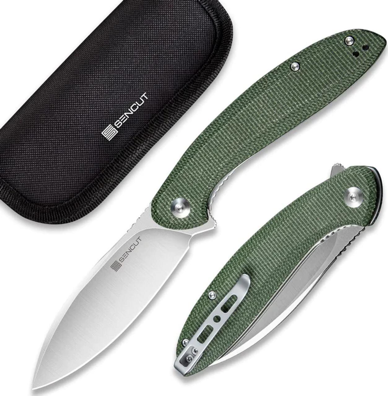 SENCUT San Angelo Flipper Knife Green Micarta Handle (3.48" Satin 9Cr18MoV Blade) S21003-3