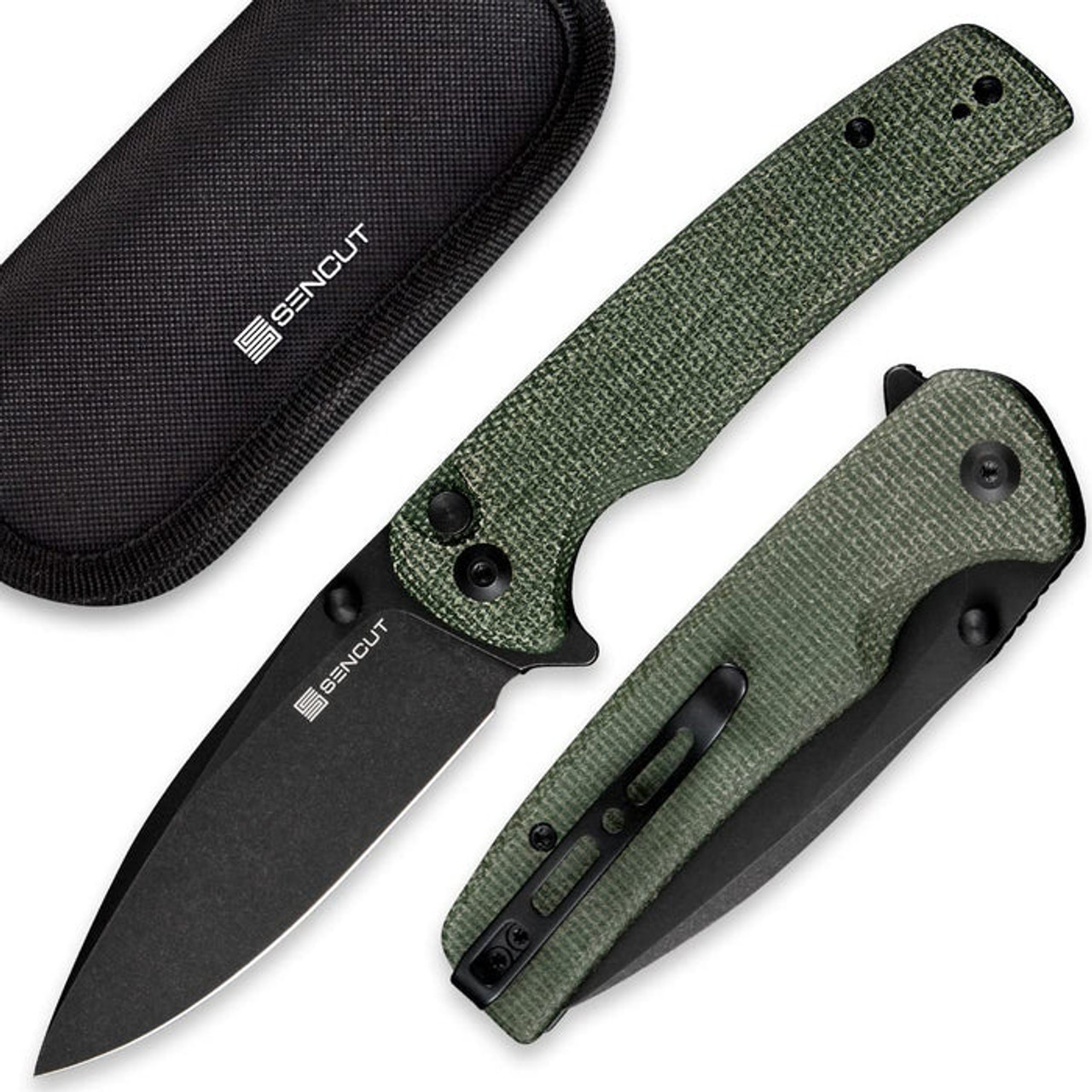 SENCUT Sachse Button Lock/Flipper Knife Green Micarta Handle (3.47" Black Stonewashed 9Cr18MoV Blade) S21007-2