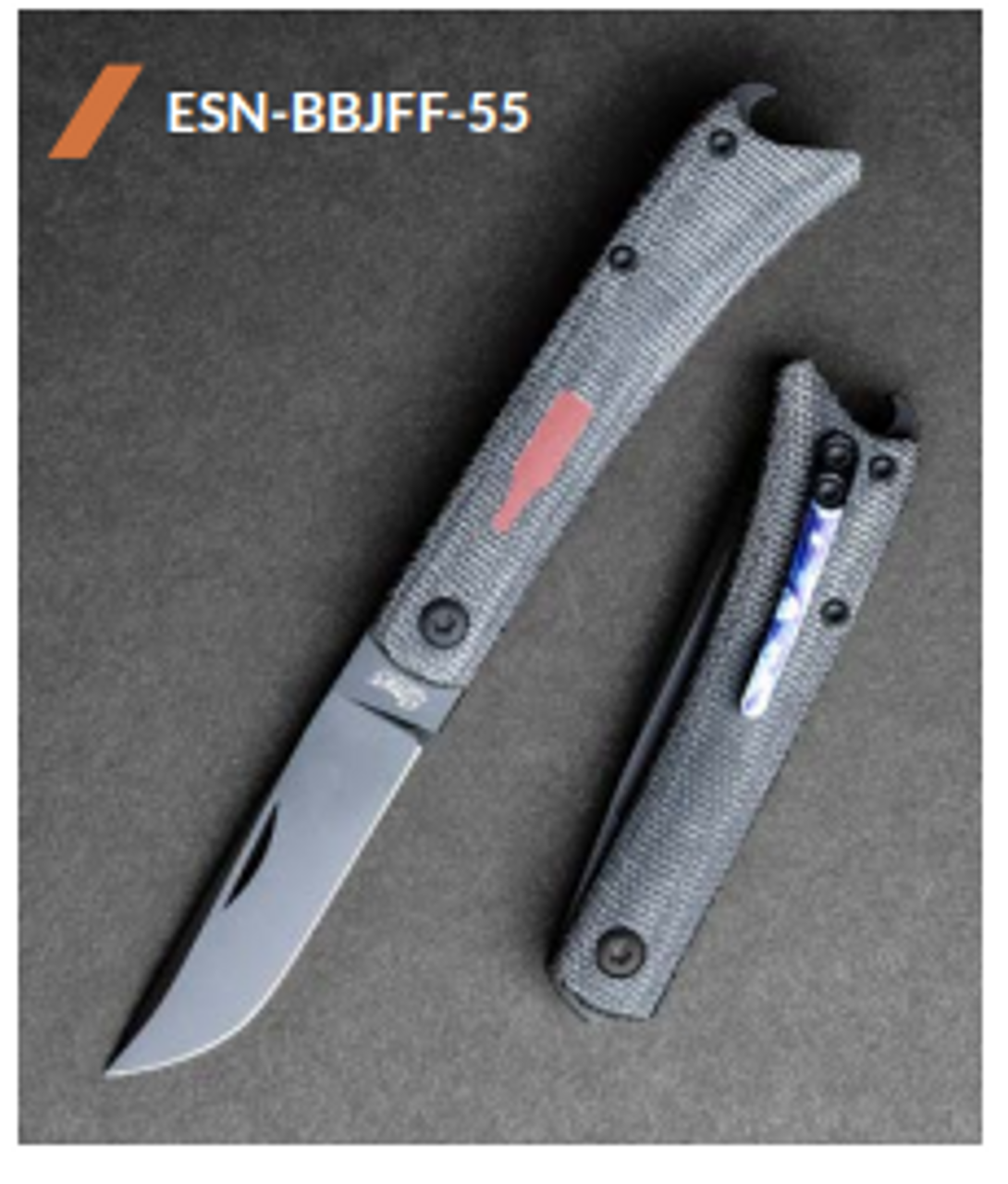 Esnyx Knives Silver Line Beer Buster Jr M390 Black PVD Drop Point Blade, Black Canvas Micarta Handles /Mokuti Clip