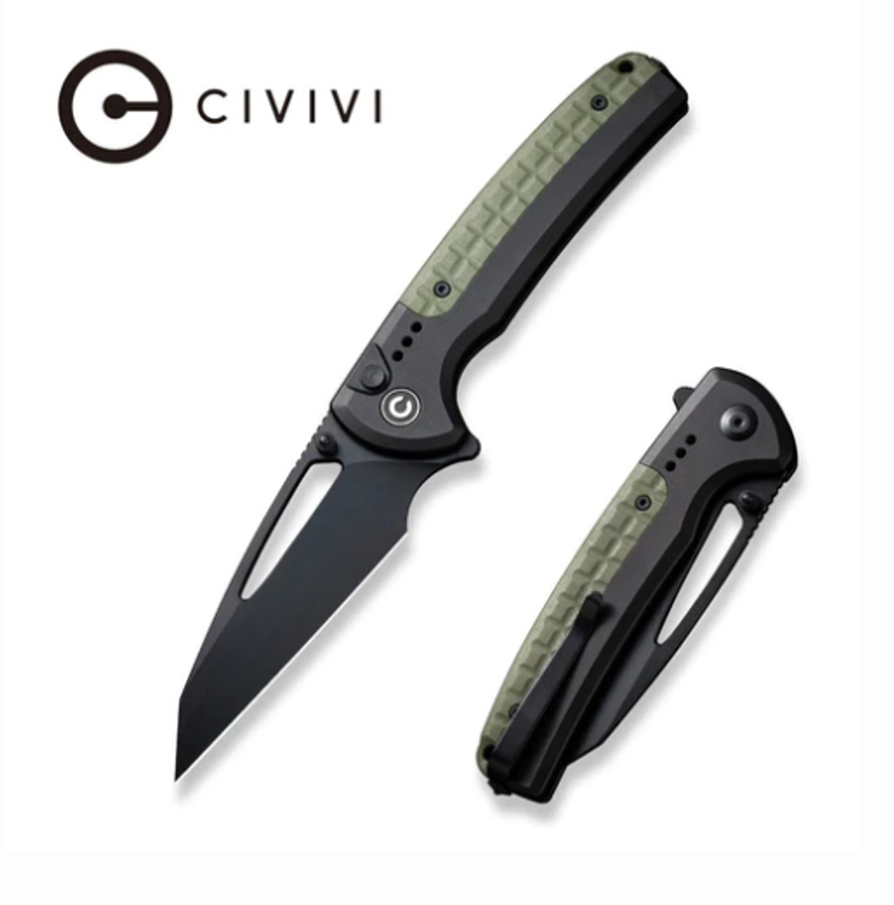 CIVIVI Sentinel Strike Flipper & Button Lock Knife Black Aluminum Handle With OD Green FRN Integral Spacer (3.7" Black K110 Blade) C22025B-3