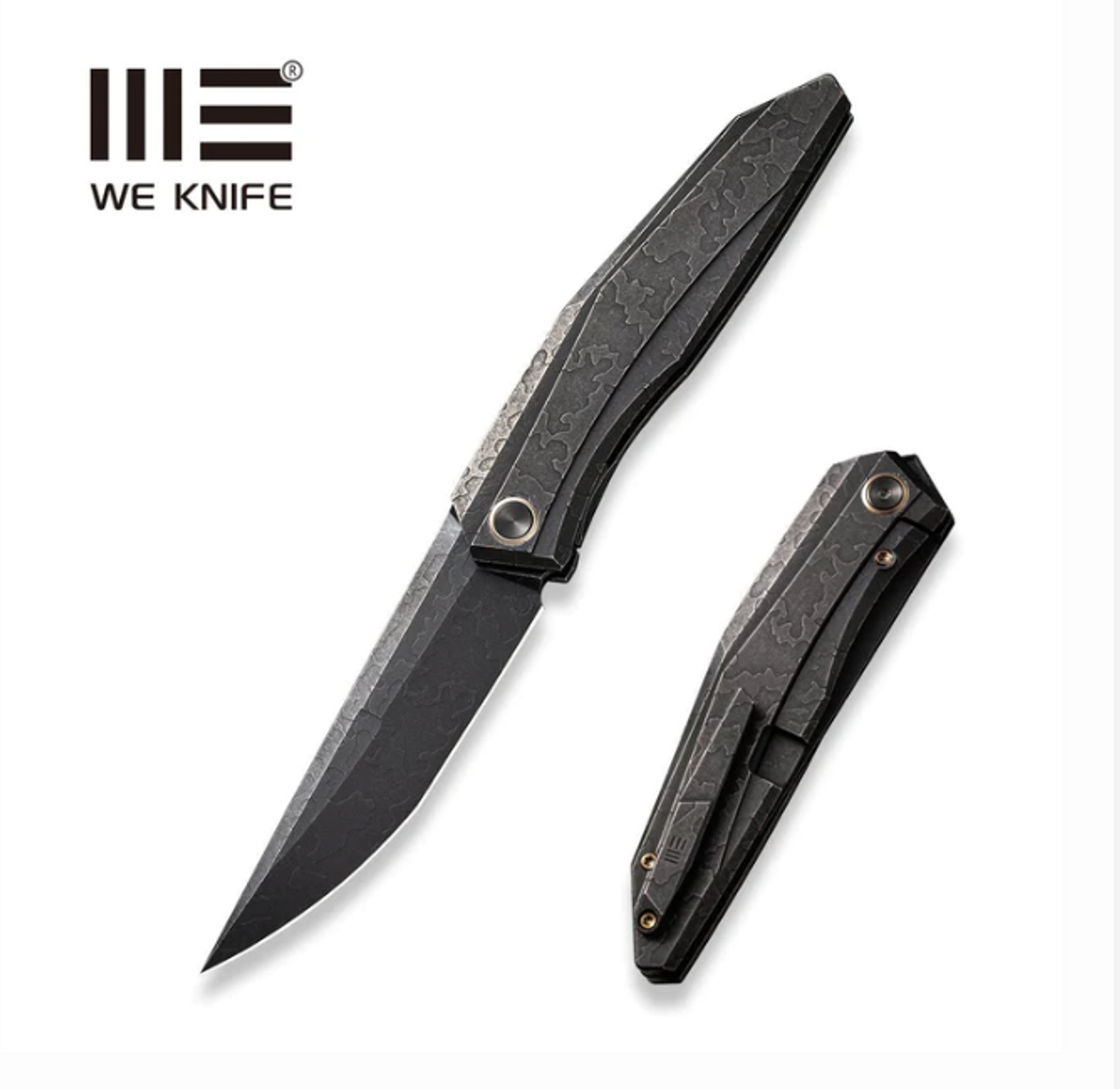 We Knife Co. WEKNIFE Cybernetic Top Flipper Knife Black Stonewashed With Etching Pattern Titanium Handle (3.91" Black Stonewashed With Etching Pattern CPM 20CV Blade) WE22033-4