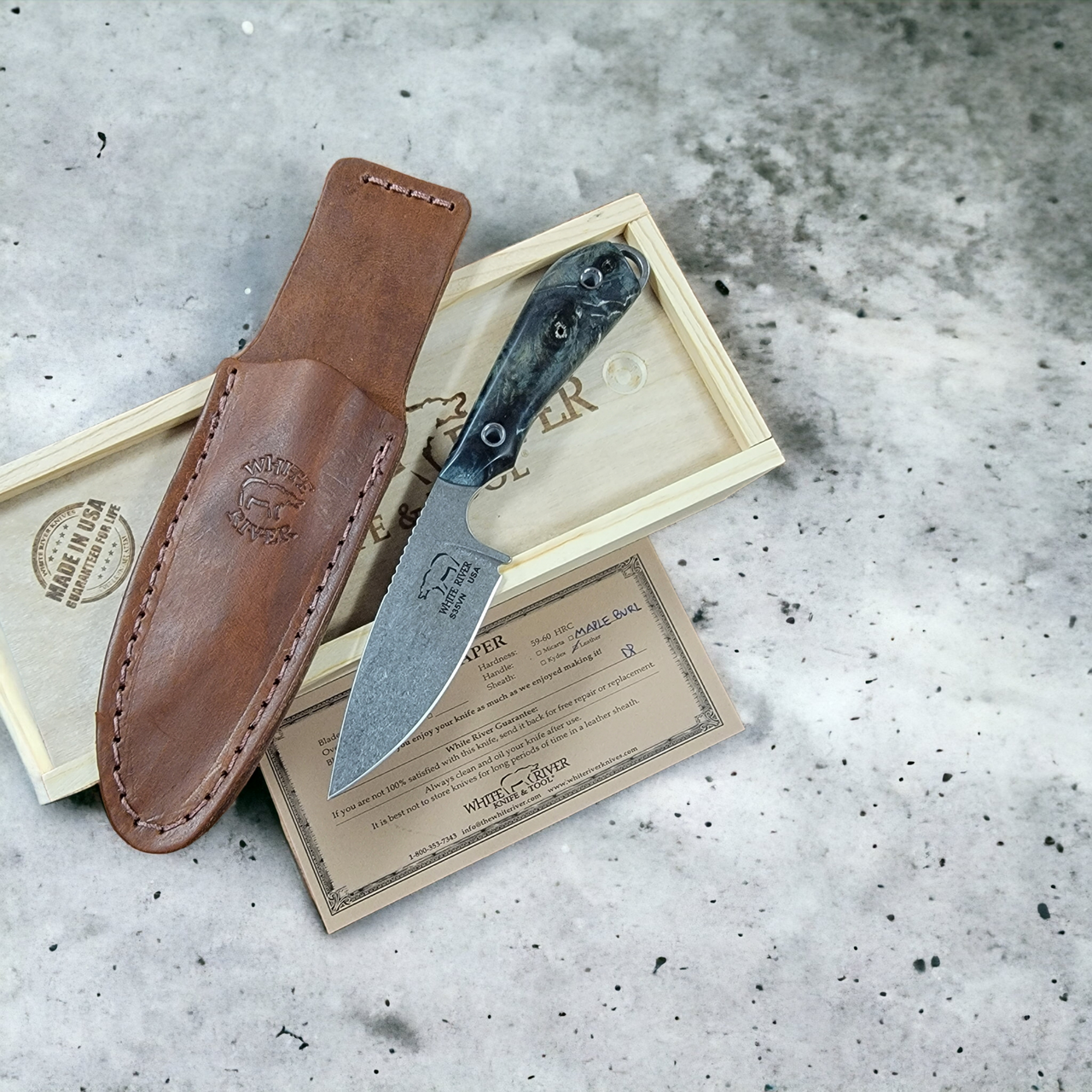 White River Knife & Tool Custom M1 Caper Double Dyed Maple Burl