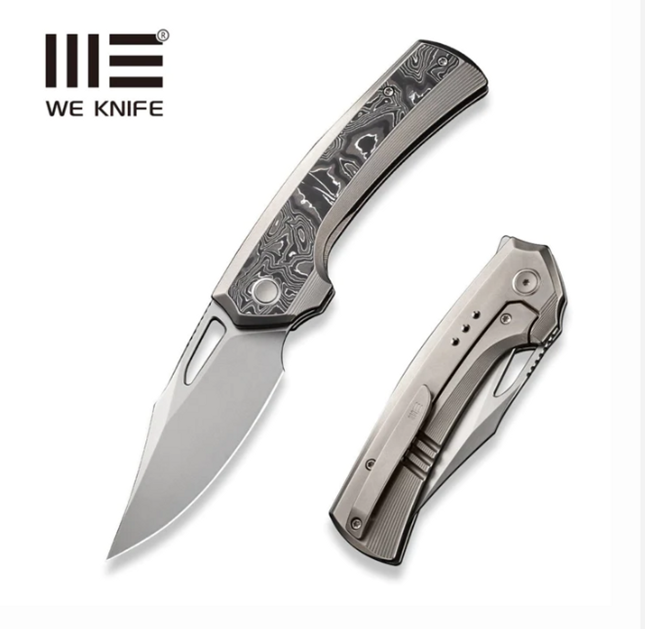 WEKNIFE Nefaris Flipper Knife Polished Bead Blasted Titanium Handle With Aluminum Foil Carbon Fiber Inlay (3.48" Polished Bead Blasted CPM 20CV Blade) WE22040F-2