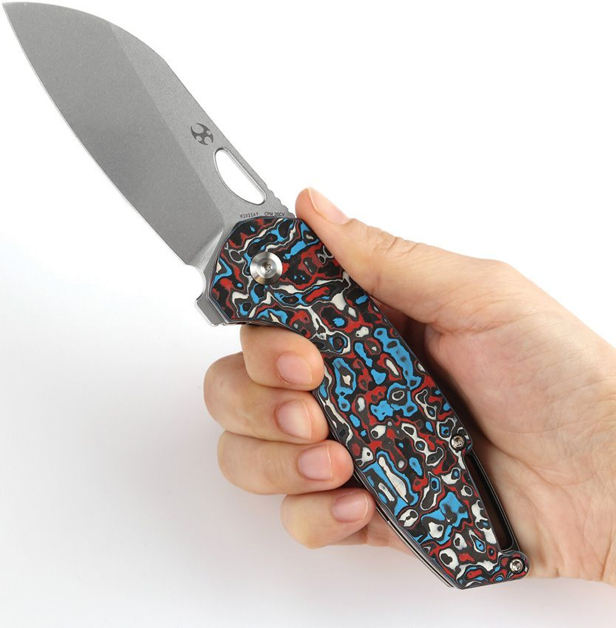 Kansept Knives Swan Model 6 Liner Lock Knife Red/White/Black CF (3" Stonewash)