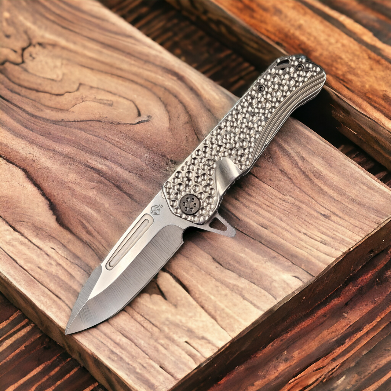 Medford Knife & Tool Proxima Custom Sculpted "Moon Crater" Silver Polished Tumbled CPM S35VN