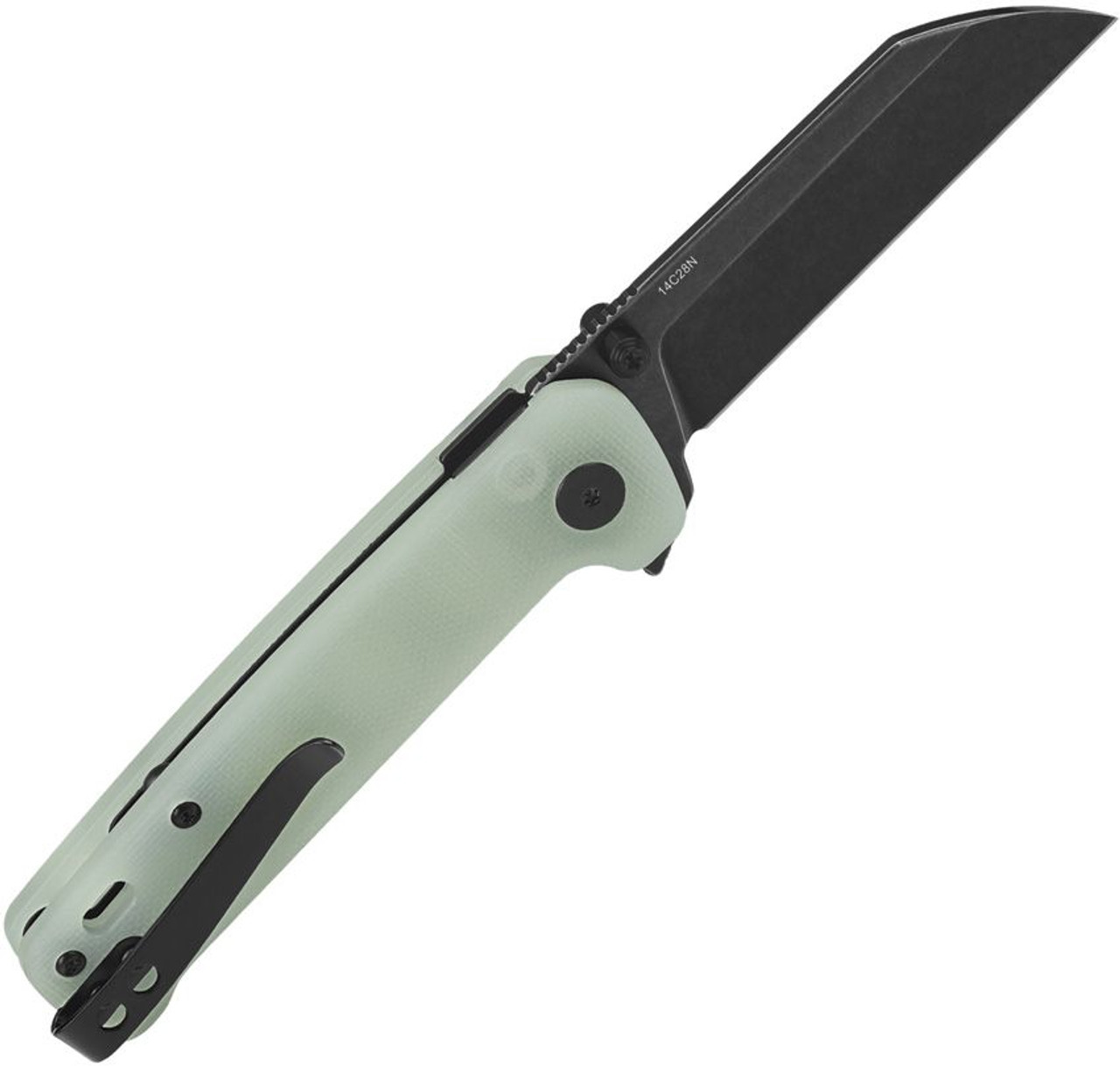QSP Penguin Button Lock Pocket Knife 14C28N Black Blade Jade G10 Handle