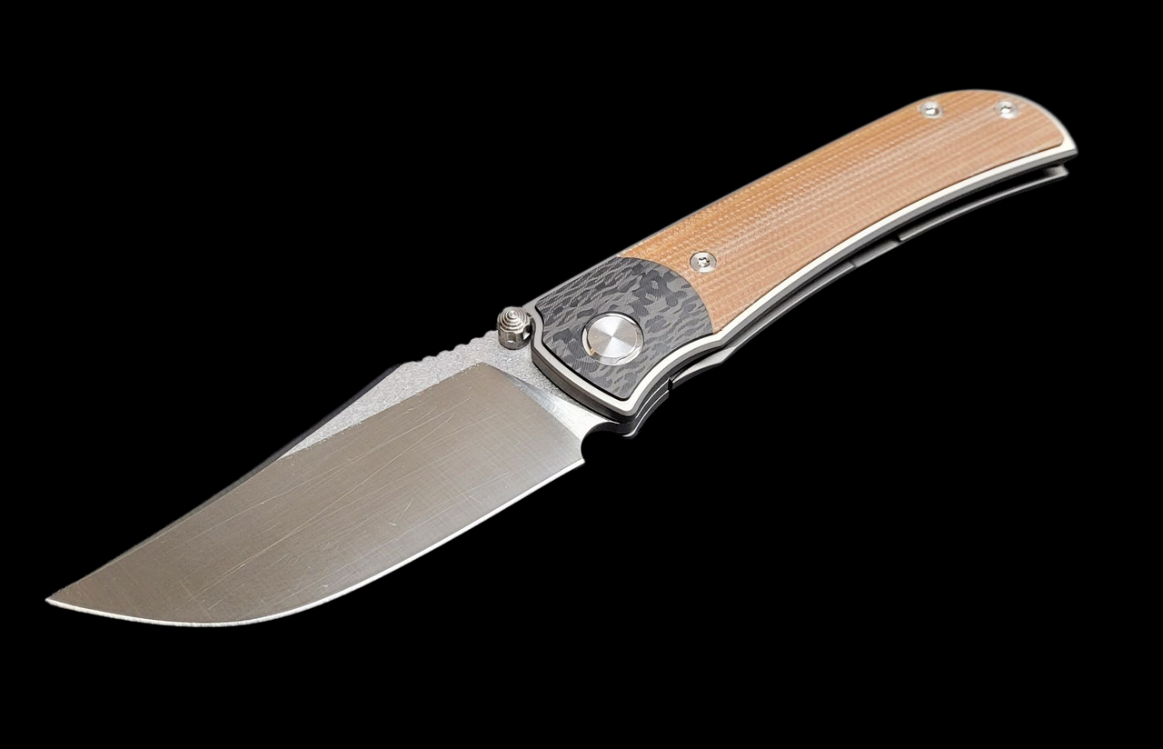 Pre-owned TwoSun Folding Knife Brown Linen Micarta/Carbon Fiber Titanium Handle 14C28N Plain Edge TS301