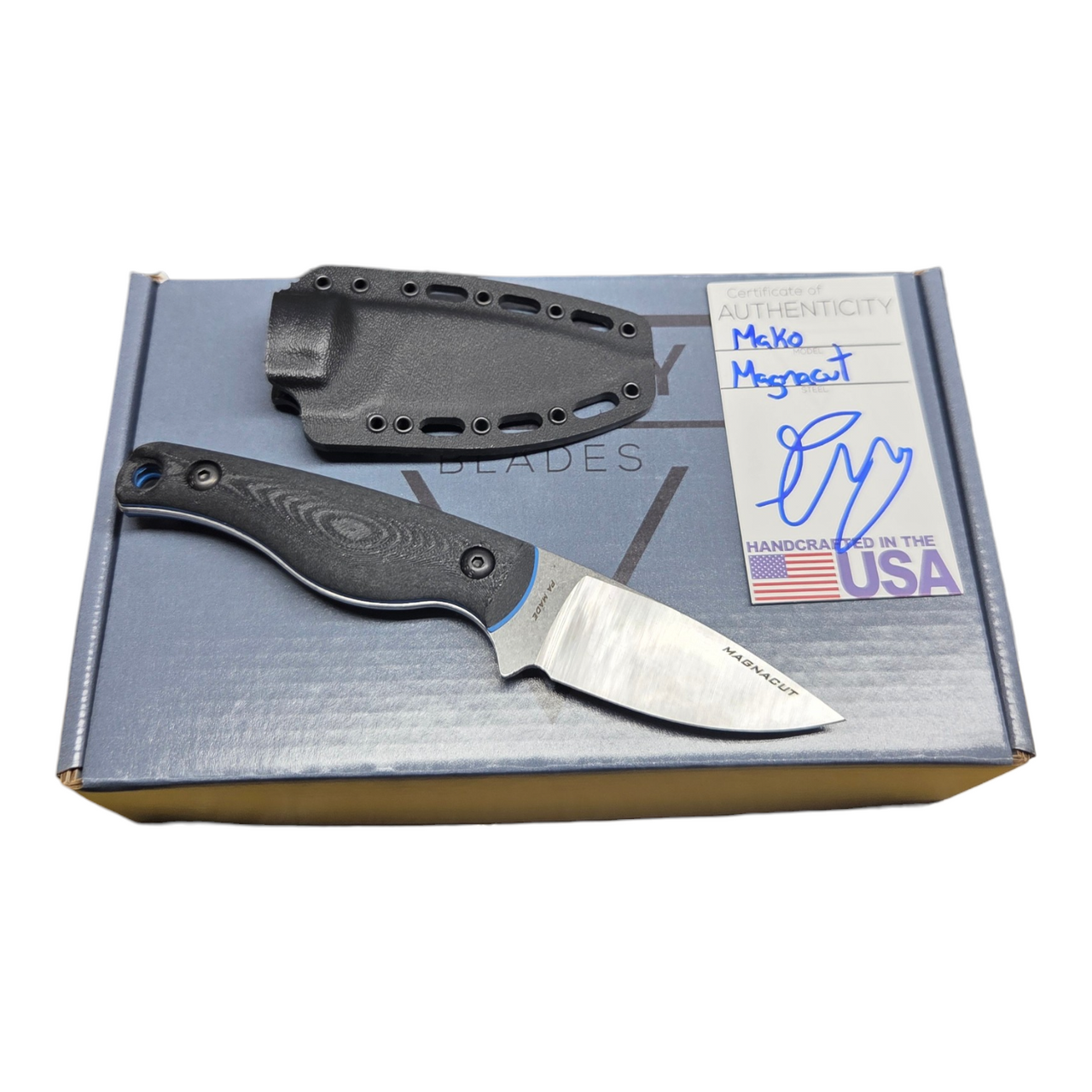 Creely Blades Mako Magnacut Black/Blue 3D Printed  Scales With Kydex Sheath