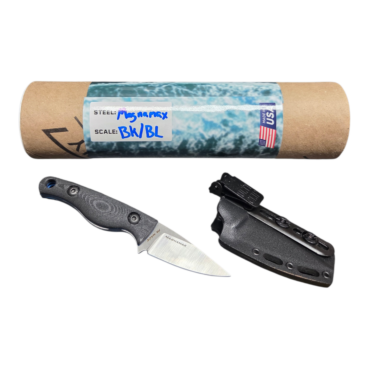 Creely Blades Minnow Magnamax Blade Black/Blue 3D Printed Scales Kydex Sheath