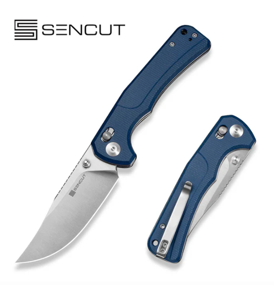 SENCUT Slybolt Thumb Stud & Crossbar Lock Knife Blue Canvas Micarta Handle (3.59" Satin Finished 9Cr18MoV Blade) S25001A-2