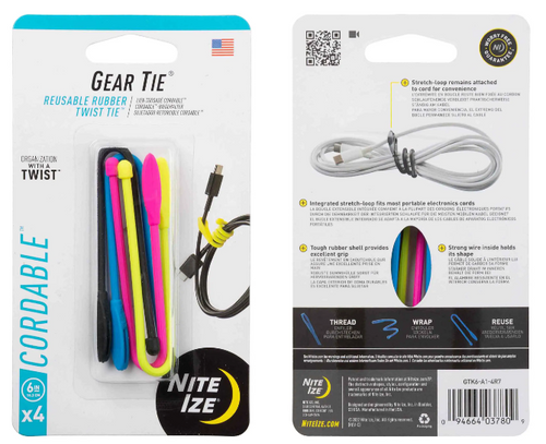 Nite Ize GearTie Reusable Rubber Twist Tie Cordable 6 Inch 4 Pack Assorted GTK6-A1-4R7