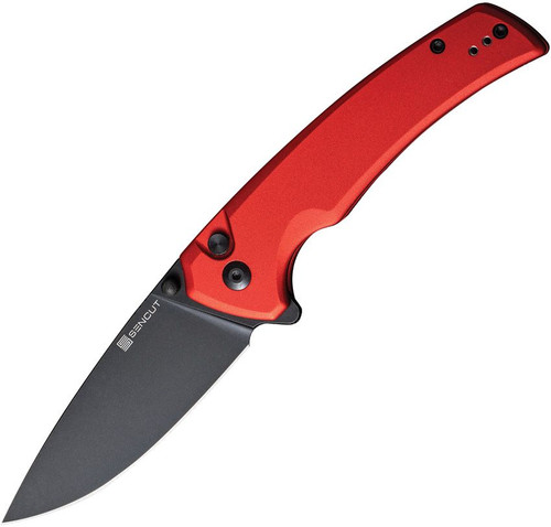 SENCUT Serene Flipper & Button Lock & Thumb Stud Knife Red Aluminum Handle (3.48" Black Stonewashed D2 Blade) S21022B-2