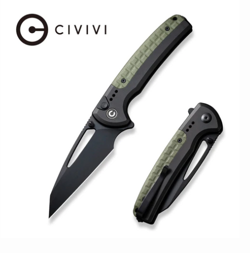 CIVIVI Sentinel Strike Flipper & Button Lock Knife Black Aluminum Handle With OD Green FRN Integral Spacer (3.7" Black K110 Blade) C22025B-3