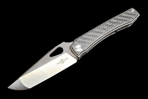 Pre-owned TwoSun Stingray Folding Knife Black Marbled Carbon Fiber Handle 14C28N Plain Edge TS136