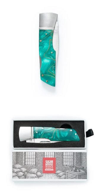 Finch Knife Company Sugar House Knife Syndicate Jackrabbit Mint Cream Traditional Lockback Folding Knife 3.375" 14C28N Satin Clip Point Blade, Bolstered Stainless Steel Handles with Green Resin Scales