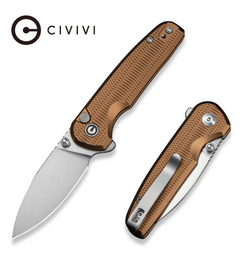 CIVIVI Mini Shakan Flipper & Thumb Stud & Button Lock Knife Ripple Patterned Coyote Brown Aluminum Handle (2.48" Satin Finished Nitro-V Blade) C20052F-3