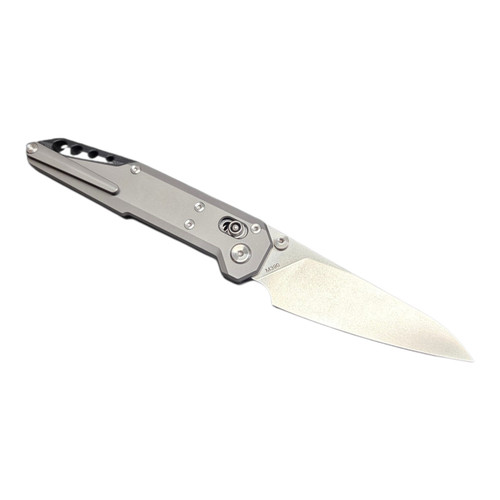 Noc Knives Blade Show 2026  Dark Feather MT-27 M390 Stonewashed Modified Sheepsfoot Blade, Blasted Titanium Handles, Reversible Clip