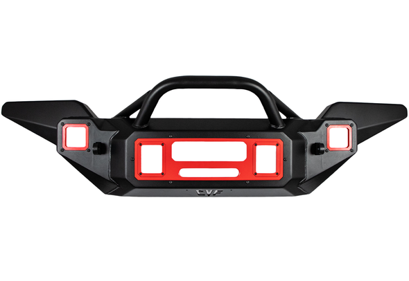 Jeep Wrangle Front Bumper with Red Inserts. Winch and Flush Mount Light Ready; front view