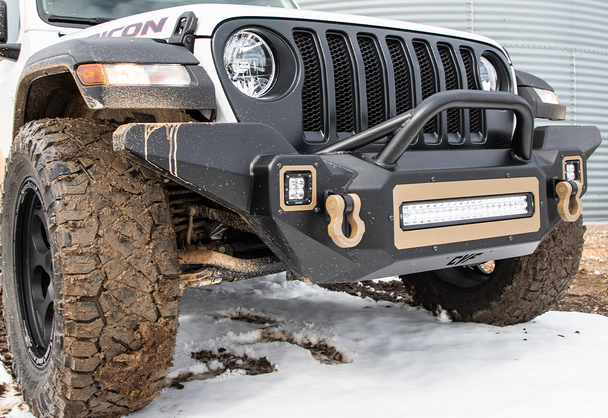2022 Jeep Wrangler Front Bumper Mounted Complete with 20" Light Bar and Side Mount Pod Lights.