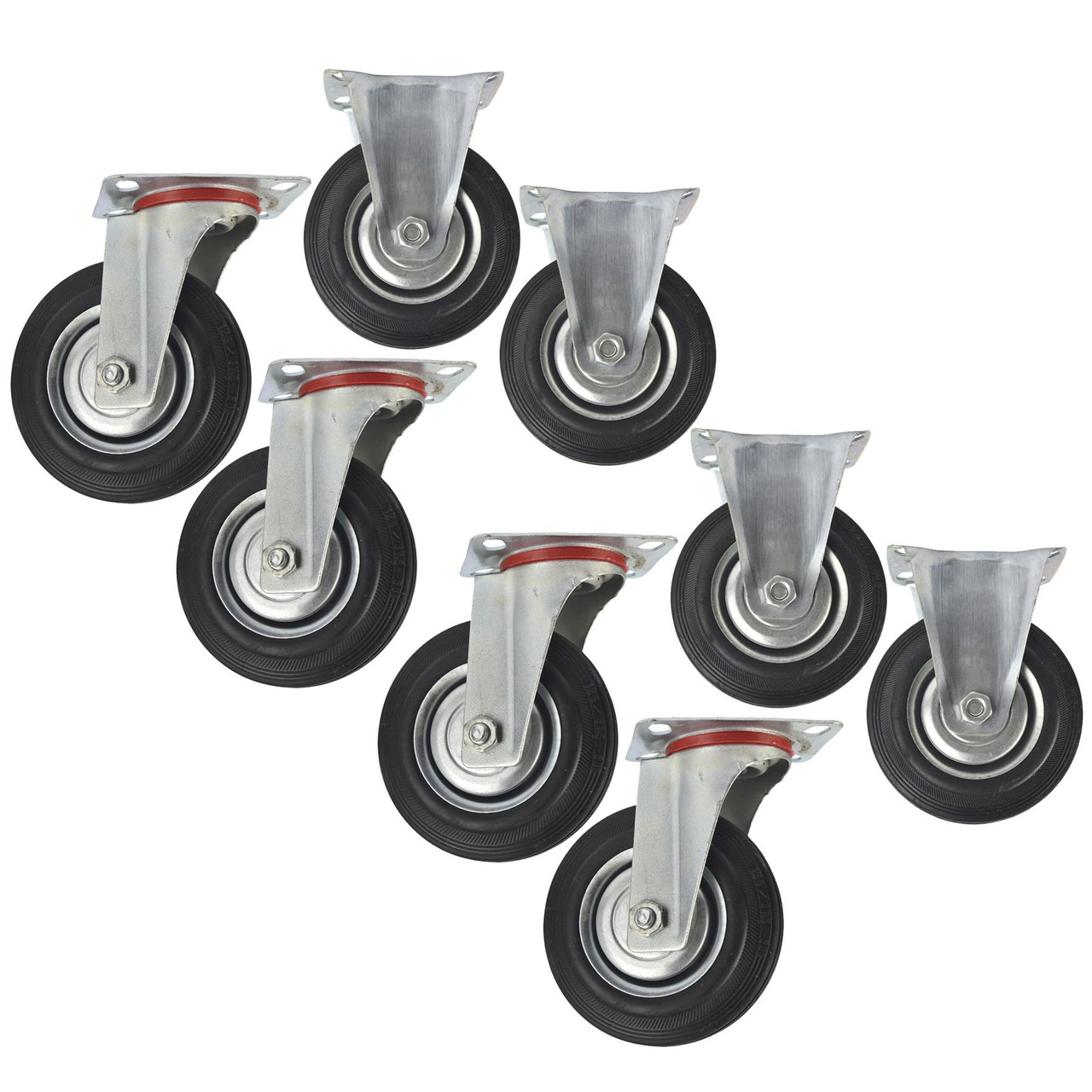 CST06_08 Rubber Fixed and Swivel With Brake Castor Wheels 5" 125mm 4 Pack 