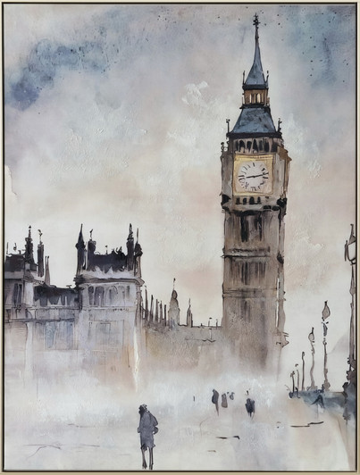 London Town Print on Canvas with Champagne Frame - 92.5 x 122.5 x 4.5cm