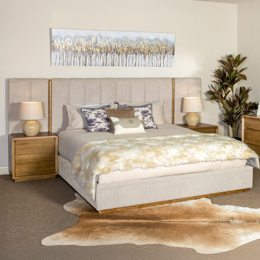 Anderson Bed in Barley Fabric with Messmate Timber Detail