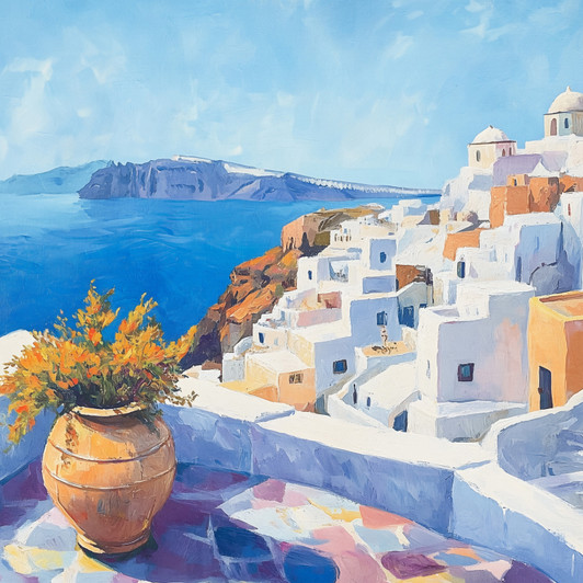 Santorini I Print on Canvas with Hand Painted Detail - 80 x 80 x 3.5cm