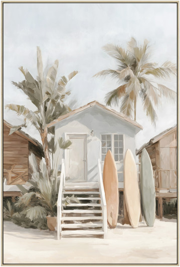 Beach Hut I Print on Canvas with Washed Natural Frame - 82.5 x 122.5 x 4.5cm