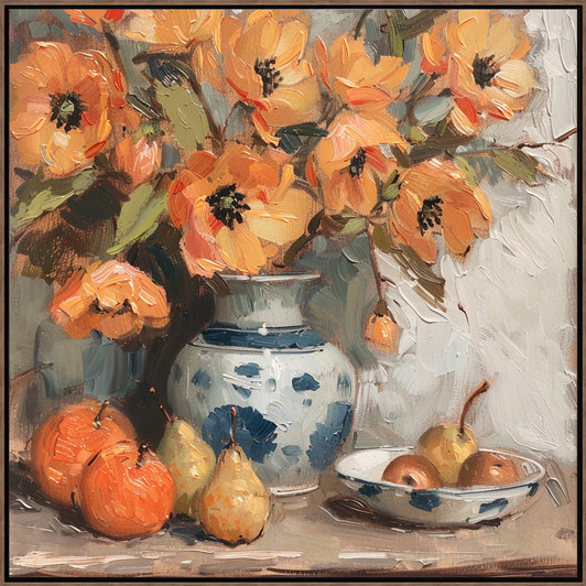 Fruit & Flowers I Print on Canvas with Champagne Frame - 82.5 x 82.5 x 4.5cm