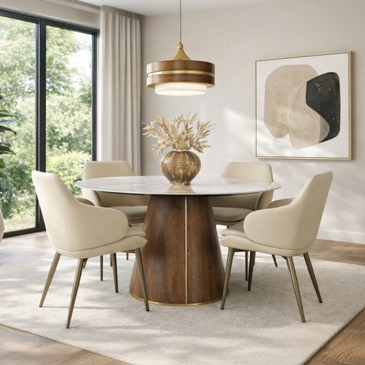 Melody Round Dining Table with Walnut Base with Melody Beige Chairs