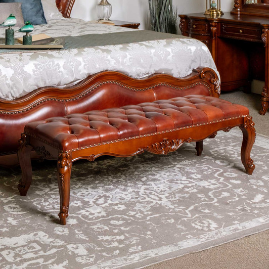 Edward Bed Bench in Cherry Timber with Burgundy Leather Upholstery