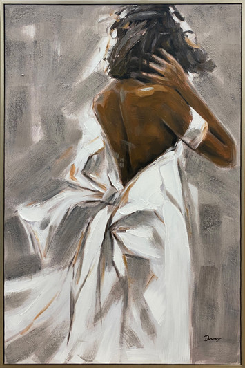 This statement portrait artwork is hand painted on canvas in earthy tones, with champagne frame.