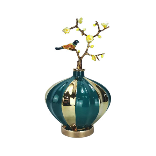 Porcelain Vase Small Sculpture with Green & Gold Finish