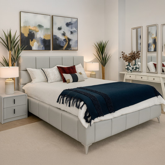 Darwin Queen Size Bed Upholstered in Dove Grey PU