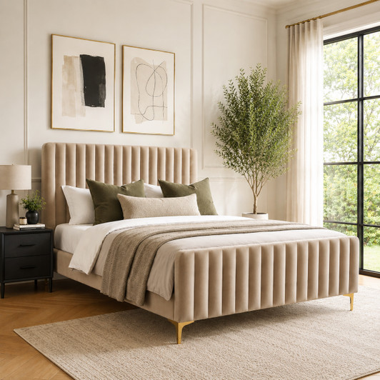 Romeo Queen Size Bed in Fawn Velvet