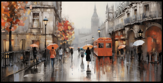 City Showers Hand Painted Oil on Canvas with Black Frame