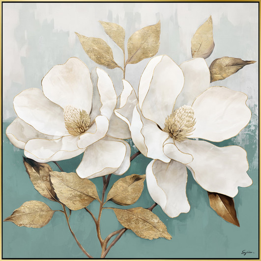 Magnolias on Sage Print on Canvas with Gold & Black Frame