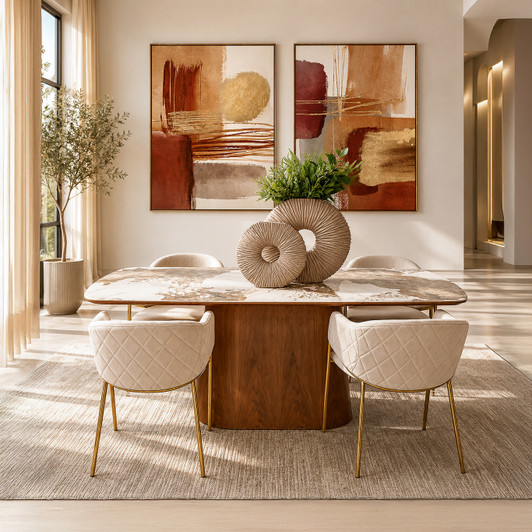 Pandora Dining Table with Tess Chairs in Champagne Velvet