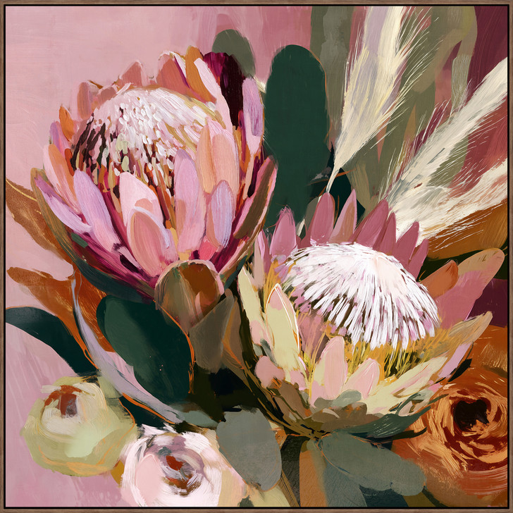 Vibrant Protea II Print on Canvas with Walnut Frame - 82.5 x 82.5 x 4.5cm