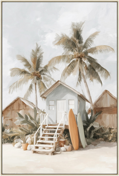 Beach Hut II Print on Canvas with Washed Natural Frame - 82.5 x 122.5 x 4.5cm