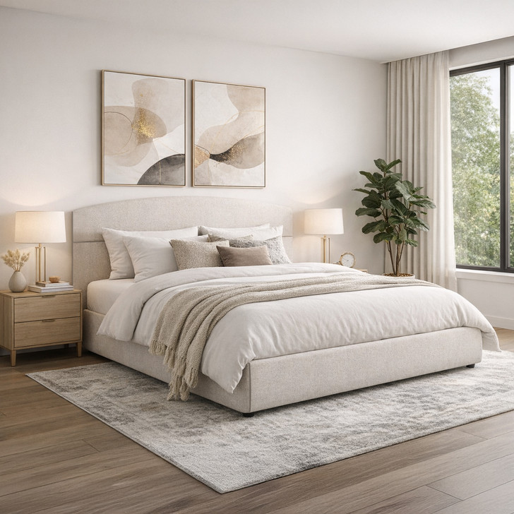 Louisa Queen Bed in Oatmeal Fabric with Dove Grey Piping