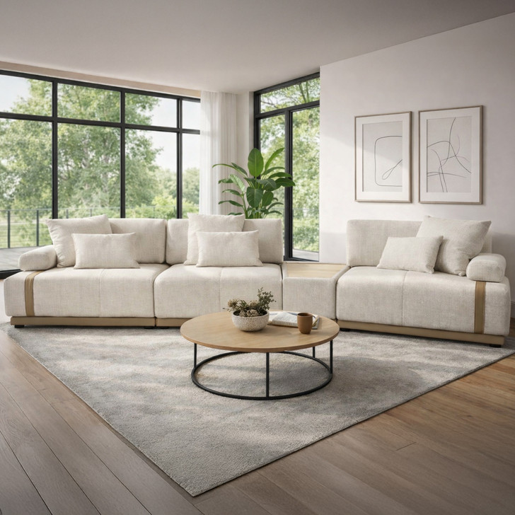 Sienna 4 Piece Modular Sofa in Oatmeal Woven Fabric & Beige PU