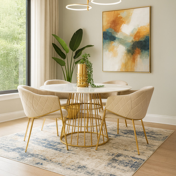 Cycle Dining Table with White Stone Top & Gold Base with Tess Champagne Chairs