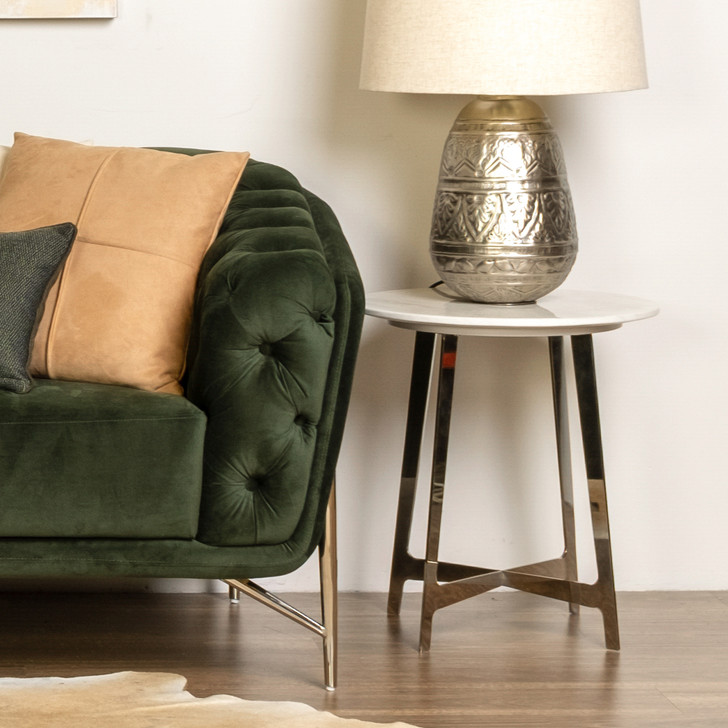 Rome White Stone Lamp Table with Polished Silver Base