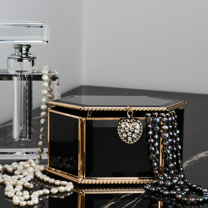 Juliana Black Mirrored Jewellery Box with Gold Metal Trims